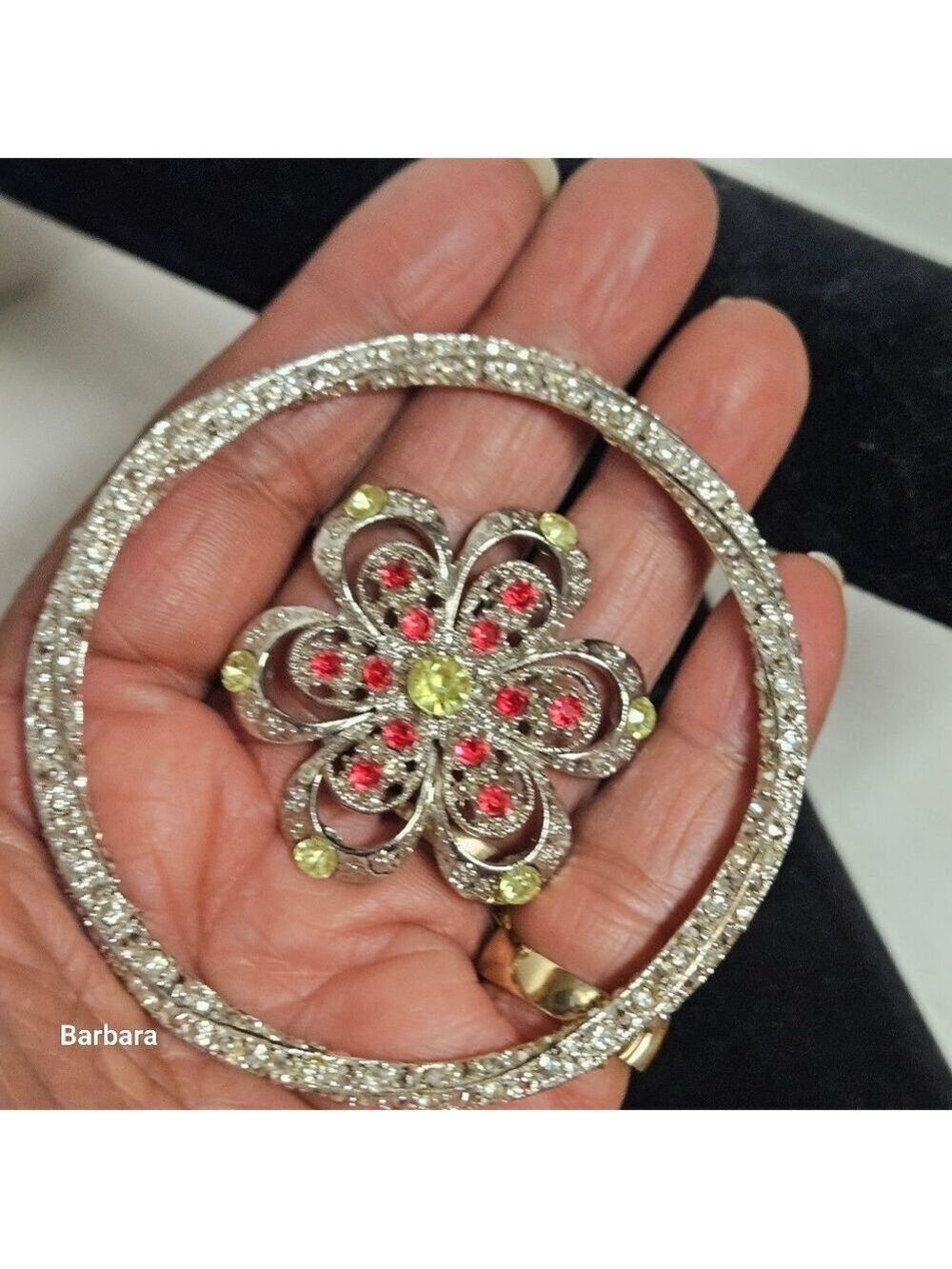 Floral Silver-tone Rhinestone Brooch and Crystal Bangle Bracelet